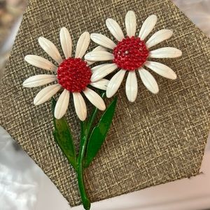 Vintage, white red and green daisy brooch signed DFA